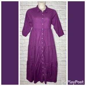 Natural Life Shirt Maxi Dress Women’s L Purple Modest Tiered Cotton Button Front